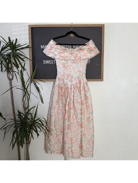 American Vintage Dresses & Skirts - Blush Pink Floral Chiffon Midi Dress Off Shoulder Coquette 80s S Vintage
